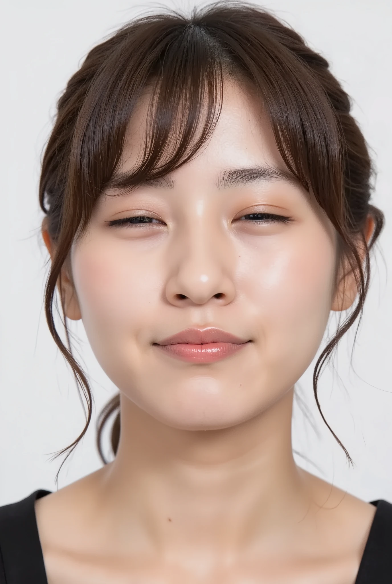 ultra-detailed close-up of a beautiful girl, collarbone-up composition, white studio background, soft natural lighting, slightly elevated camera angle (around 35 degrees), full face and head visible in frame, chin slightly raised, eyes gently closed, deeply affectionate smile, cheeks and ears flushed, dreamy, blissful, euphoric expression, mouth puckered and protruding with a rounded kiss shape, glossy moist lips with shimmering highlights, soft lips reflecting light, extreme focus on lips, inviting kiss pose, longing expression, desperate affection, dere-dere mood, hands behind her back and not visible, natural skin texture with visible peach fuzz, matte facial skin, black camisole strap visible, soft head tilt, bokeh background and soft facial contour blur to emphasize lips, overflowing with affection and dazed joy