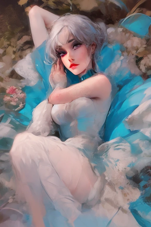1 girl, 1 Screen View, from above, Fantasy Art, masterpiece, highest quality, standing, Keep hips forward, wet with sweat, puffynipple, flower hair ornament, White gloves, (Wings are growing:1.8), (nsfw:1.1), (8K:1.2), (see through:1.2), (Skin-colored nipples:1.1), (small breasts:0.9), (fluffy bob cut:1.2), (sky blue hair:1.4), (No underwear:1.2), (wedding dress:1.1)