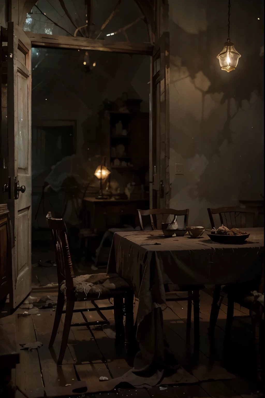 An ancient, decaying manor shrouded in fog, lit only by the pale glow of the moon. The air is cold and damp, while cobwebs sway in the dark hallways. In a large room, an old carved wooden table is surrounded by dust-covered chairs. Ghostly figures dressed in period clothing slowly emerge from the shadows, their faces blurry and eerie. The chandeliers flicker, as if an unseen presence is moving through the room. In the corner, an ancient, cracked mirror reflects a figure that shouldn't be there. The atmosphere is gothic and frightening, with a growing sense of foreboding and exquisite details that evoke the mysterious and supernatural.