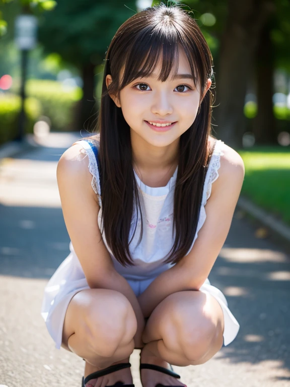masterpiece, highest quality, 8K, , RAW photo, award-winning portraits, alone, noon, idol face,whole body,violaces, delicate girl, whole body, Completely naked、Digital single-lens reflex camera, looking at the viewer, shy smile、shame、flushed cheeks、thin arms, small breasts, nipple, small ass、thin waist、Frank, Sophisticated, like々New, thin arms, professional lighting, film grain, black eyes,chromatic aberration, (detailed eyes and face:1.0), (Bokeh:1.1),(hyper pretty face:1.2),(short sleeve shirts:1.3),(denim mini skirts:1.3),(white panties, pale color:1.3), looking at the viewer,(cute girl crouching down in the park:1.3),(spread legs:1.2),skirt lift, angle from the front, looking at the viewer
