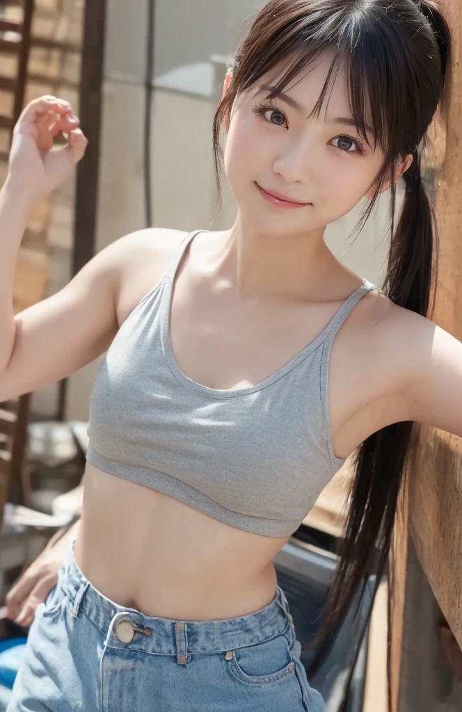 masutepiece、​masterpiece、top-quality、ultra-detailliert、hight resolution、hight resolution、8K Portrait、Unity 8k Wallpapers、extremely details CG、Unity 8k壁纸、Highly detailed CG Unity 8k wallpaper、逼真、realperson、cute little、 Portrait photos、shinny skin、high-detail、(sixteen years old:1.2)、Beautiful clear eyes、Ultra-fine depiction、delicated face、Lovely lips、Full body slender、big breasts thin waist、Thin leg、(Upper body naked:1.8)、(track and field:1.4)、(flat chest:1.8)、(Athletics uniforms:1.5)、(teats:1.4)、(Cute smile)、(Expose small breasts:1.6)、(Layer Hair)