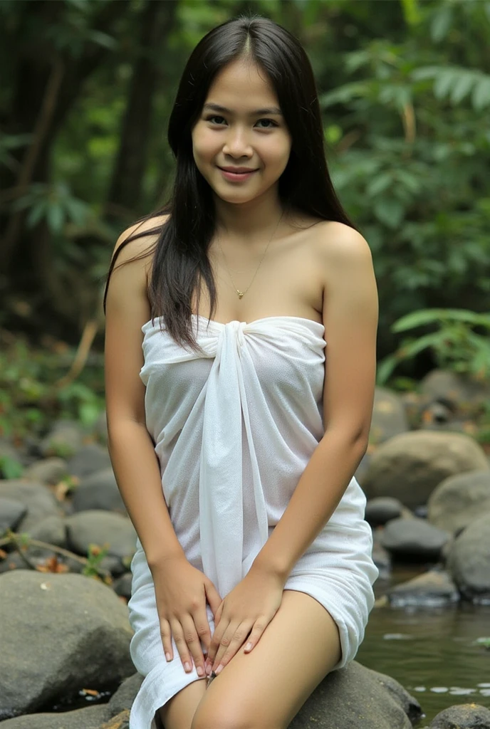 Indonesian women, a little fat, wearing a wet and thin white dress. Realistic, 8K, 4K, HD