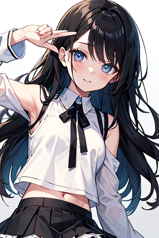 (8k、Best image quality、highest quality、masterpiece)、Detailed face、 One girl、Black Hair、Long Hair、Grey Eyes、evil smile、Small breasts、((serafuku))、((Navy blue pleated skirt))、((skirt lift))、((white frills panties))、Cowboy Shot、Shoot from below、Gym storeroom
