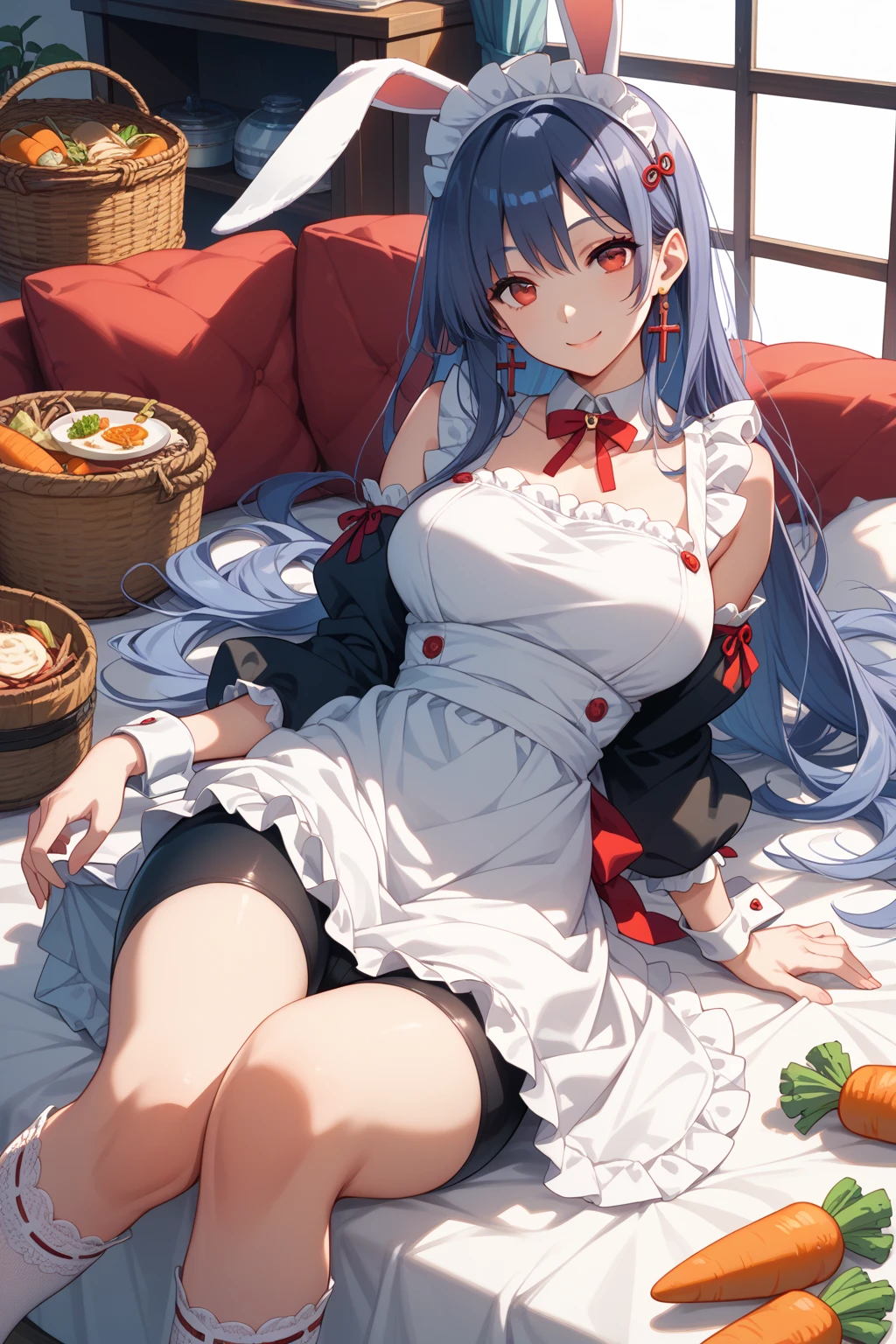 Highest quality, shape, Very detailed, In detail, High resolution, 8k wallpaper, Perfect dynamic composition, Beautiful details, Center of chest, Natural color lip, Random sexy poses,smile,20-year-old girl,Huge , A woman with long, straight blue hair wearing a black and red striped dress and a white frilly apron