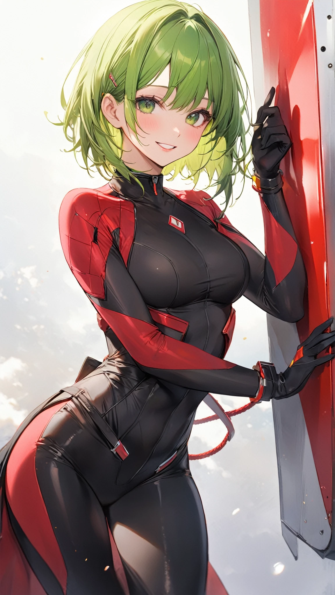 1 girl, 16 years old, mecha headgear, short hair, green hair, blue eyes, small breasts, red tank top, demin shorts, elbow gloves, cute girl, smiling, realistic, red shoes, in the park, full body in frame, sitting in a bench, beautiful girl