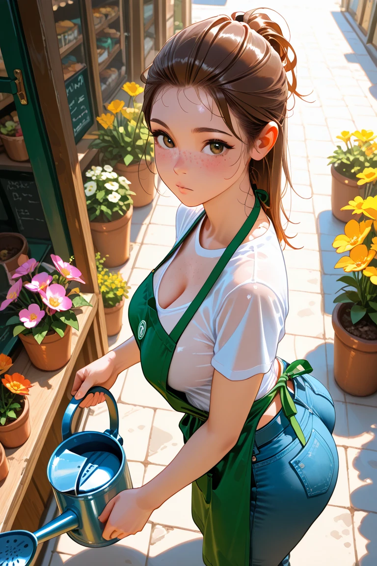 NSFW, (masutepiece, Best Quality, photographrealistic:1.4), (Shiny skin), (32K UHD Wallpapers, High resolution), Perfect Anatomy, Cinematic lighting, Physically-based rendering, Award-winning, highlydetailed skin, extra detailed face, Eyes with beautiful details, Carl Zeiss 85mm F/1.4, BREAK, (1:23-year-old girl with ,Brown wavy hair,Soft,One-piece ponytail,deadpan:1.3),(Loose white shirt,Overflowing,Denim shorts,Sexy thighs:1.1),(colorful flower,Florist storefront:1.2),A slight smil、Florist full of light,wretched、Black Knee High Socks、独奏,Full body painting,(One Girl And One Man,Having sex:1.5),(ember,Adult male,Rubbing the girl's boobs:1.2),Cheek dyeing、gasping face、embarrassed、boredom、begging、Unhappy、Greedy expression,
