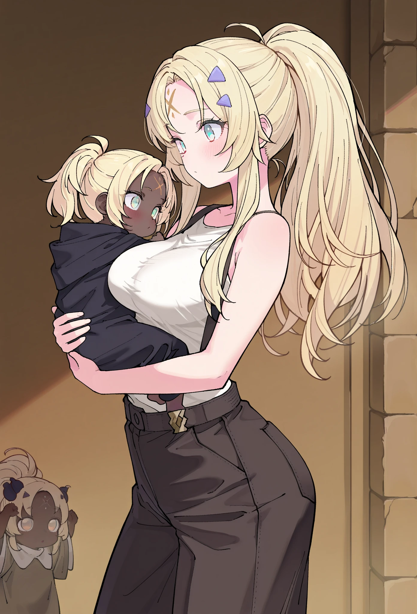 high resolution picture, masterpiece, best quality, amazing quality, official art , 1girl, medium breasts                 
BREAK (curvy),    ， ecclesiavirt, blonde hair, ponytail, ecclesiavirt,
                        BREAK (curvy),   mother and daughter, small,hugging up, baby, (((dark skinned baby))), 