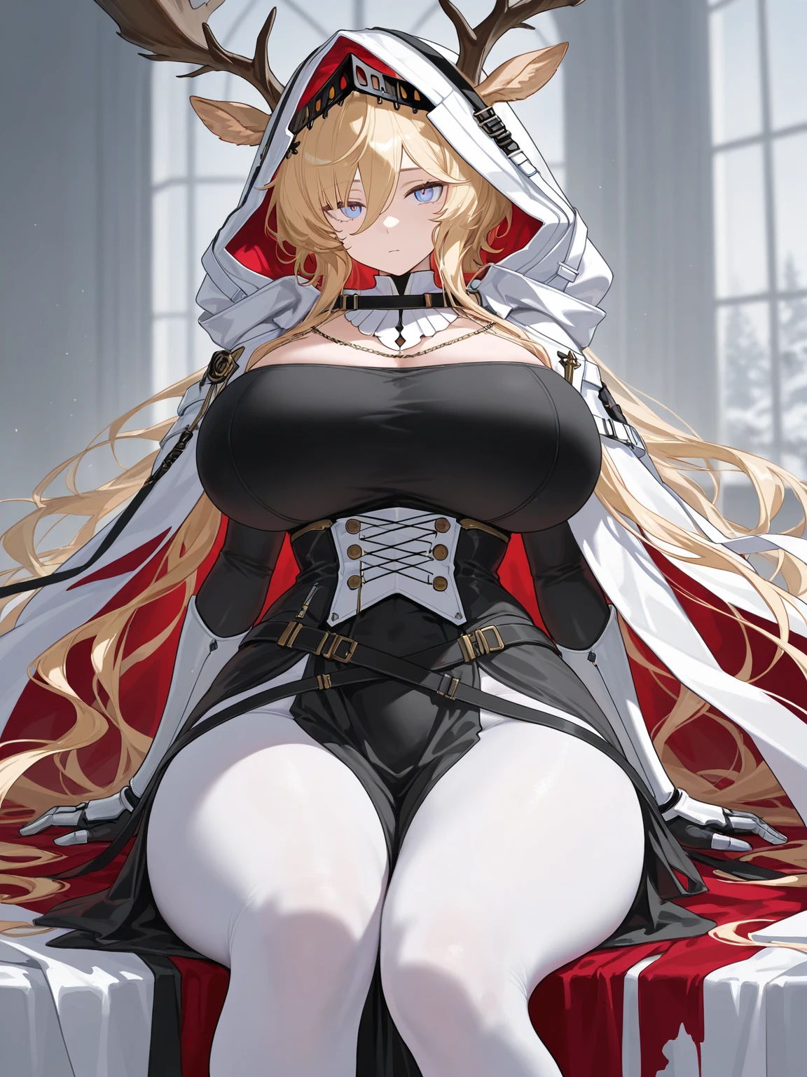 A woman,sexy,full breasts,blonde,red eyes,nun headdress,black high heels,white silk,huge breasts,squat on the ground,Put your hands behind your head