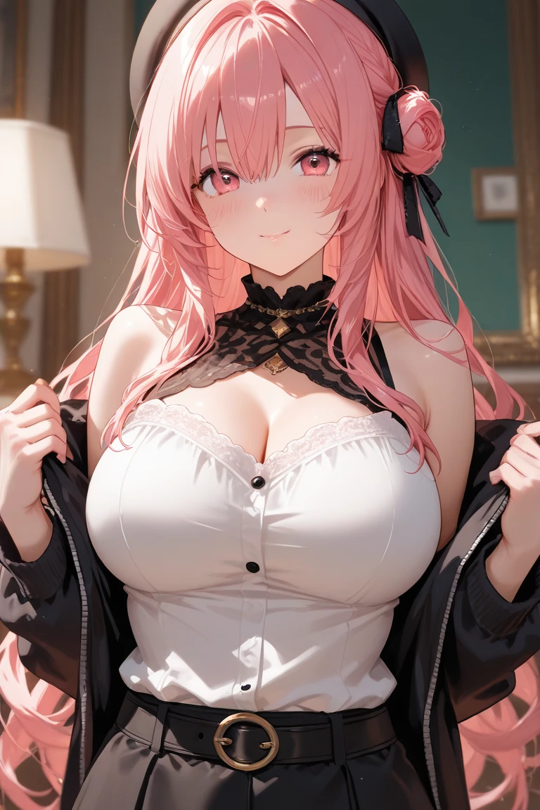 (Best quality at best,8K,A high resolution,tmasterpiece:1.2),Digital artwork, one girl,detailed face,detailed eyes,pink hair,long straight hair,glowing purple eyes,red lip,Suspenders