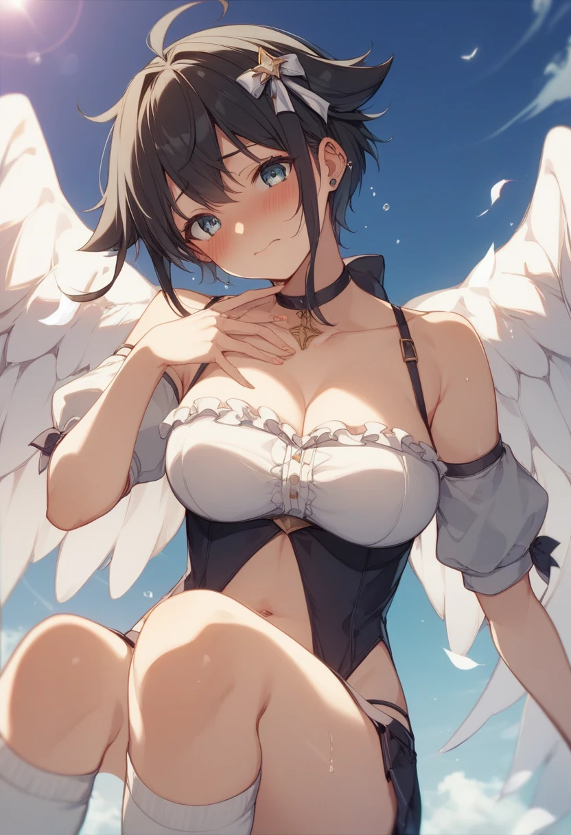 Kurokoma saki , , disgusted face , seios planos , top underboobs, black wings , sexy shorts , long socks, standing . Masterpiece walpaper.