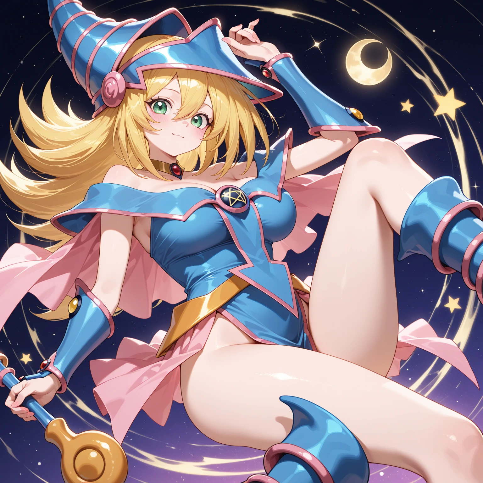 Black Magician Girl、Super Breasts、Thick thighs、Blonde、magic circle、8k, 4K, Highest quality, High resolution: 1.2),Wink、Exposing one breast、Cute anime face、Pink blush on cheeks、Noise Reduction、A tight leotard、Carrying a walking stick、Holding a cane、Rear View、I turn around