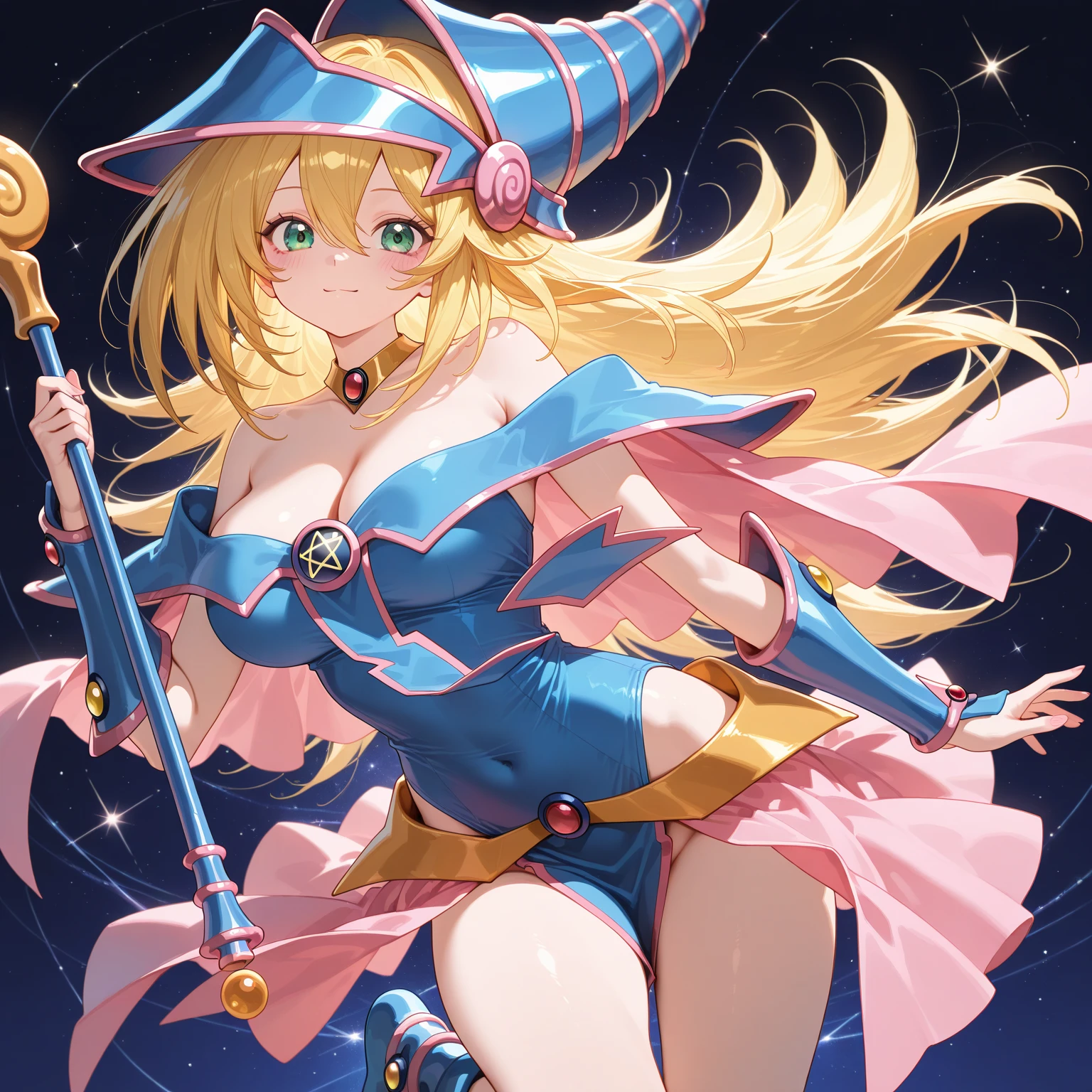 masterpiece, best quality, highres, hmdmg1, wizard hat, blush, blush stickers, cleavage, bare shoulders, dress, off shoulder, cowboy shot