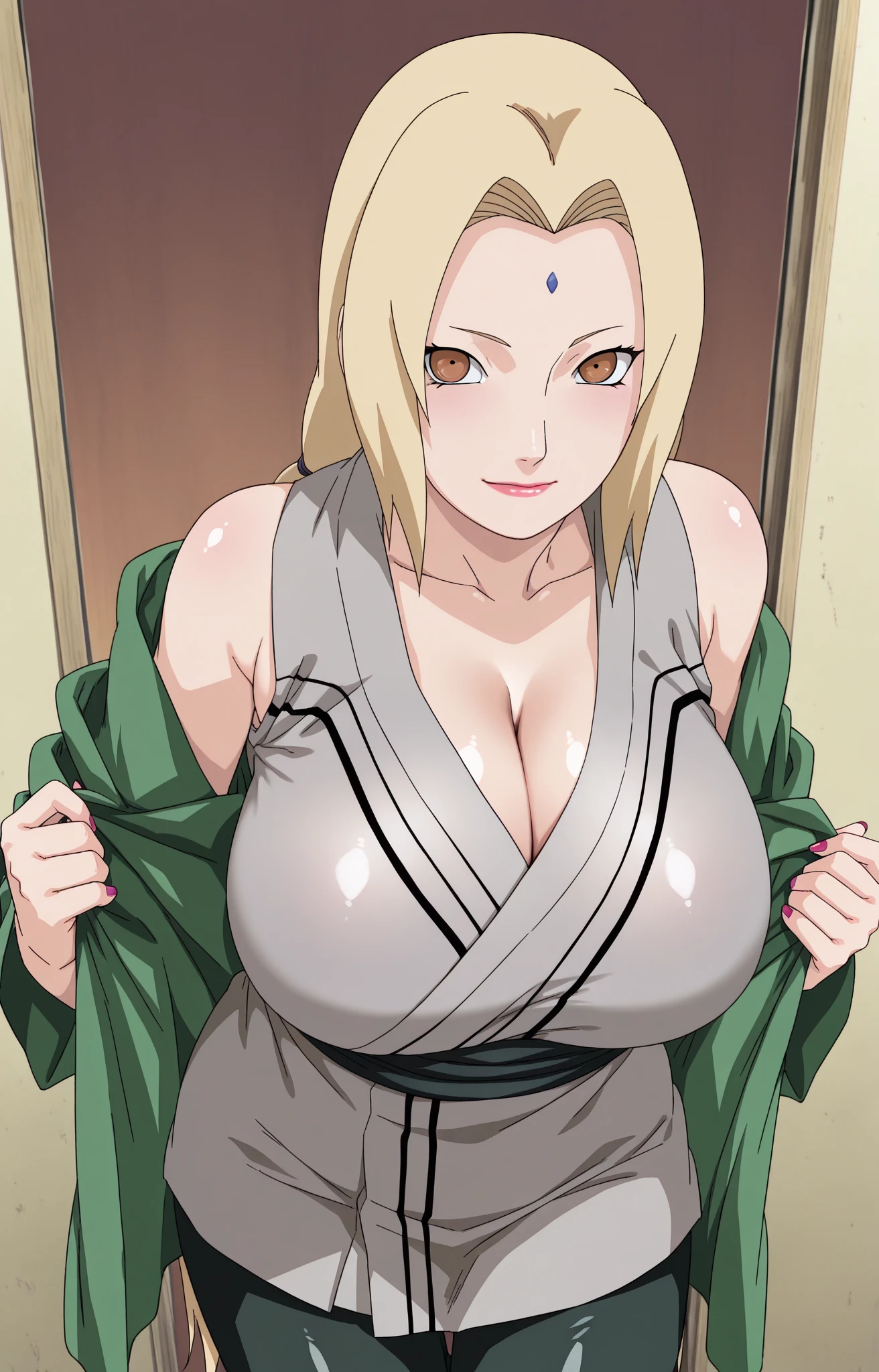 1girl, tsunade, yellow hair, yellow eyes, clothes green, realistic, ultra detail, huge breast,