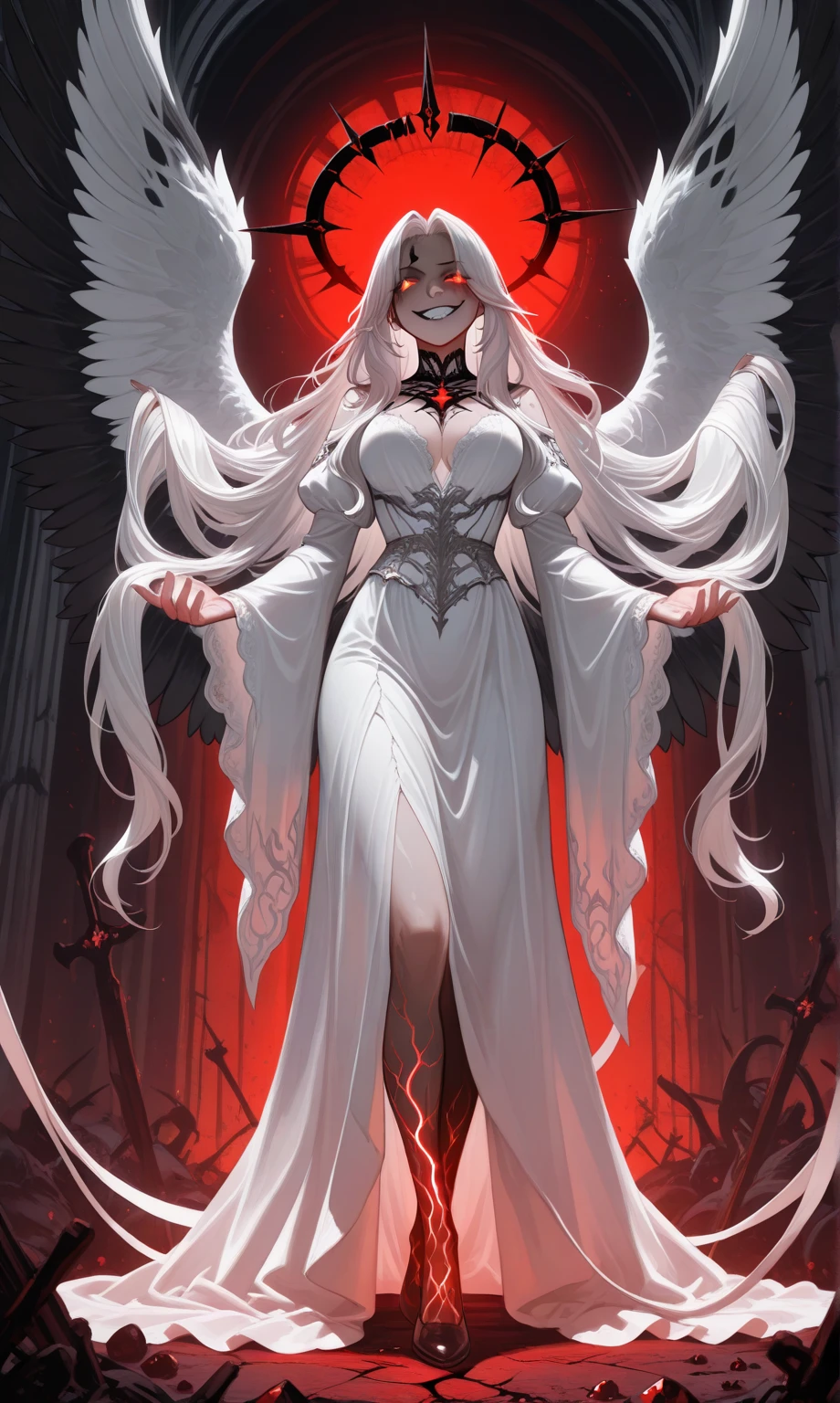 ((red dress, clothing, red theme, red background, Very bright colors, Light particles)), symmetry, portrait, full body shot, accurate, 16k, highres, best quality, award winning, super detail, anatomically correct, masterpiece, retina, UHD, Ombre, Smile, Cleavage, Pure, High heels, Laces, Glitter, No bra, Offshoulder, Highly detailed facial and skin textures, Detailed eyes, Choker, Full body photoshoot, Full body, Far view, Full body in view, High heels in view, Attractive legs, Sexy legs, Tall legs, Slim figure, Dressed, (photorealistic: 1.4, clear: 1.2, perfect body: 1.4, beauty: 1.4, slim abdomen: 1.2, big breasts: 1.2, fit: 1.5, full-body shot: 1.4, random hairstyles: 1.2),((full body female angel, shining halo over head, extremely bright halo, halo)), 1 angel girl, shining wings, shining halo, exquisite headdress, beautiful female angel, large wings, white hair, white wings, on clouds, golden eyes, beautiful angel, attractive angel, clouds, glowing eyes