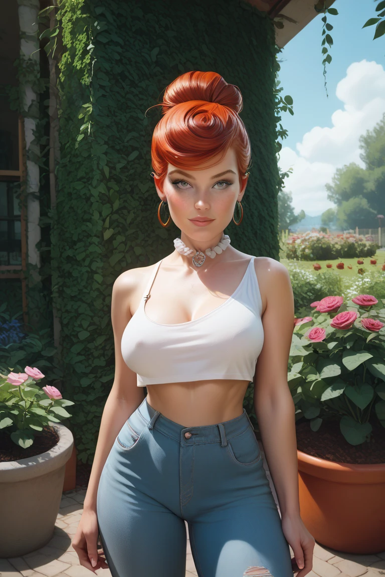 highres, masterpiece, perfect lighting, bloom, cinematic lighting, adult, female, perfect skin, looking at viewer, whole body, collarbone, wavy hair, shorts, necklace, suspenders, floral print, ponytail, freckles, red hair, sunlight, center opening, midriff, cleavage, sleeveless, cat on her lap, one cat