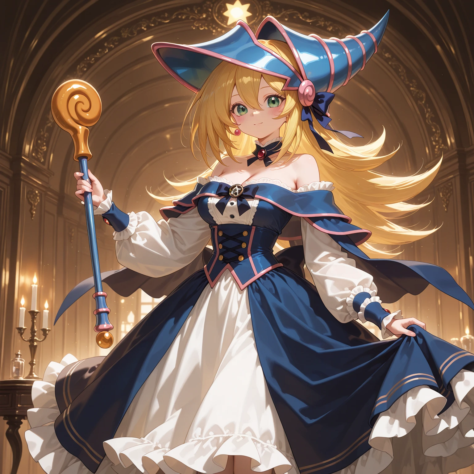 masterpiece, best quality, 1girl, solo, hat, blonde-hair, drill-hair, gloves, breasts, blue-eyes, witch-hat, thigh-boots, thighhighs, boots, elbow-gloves, open-mouth, staff, purple-headwear, smile, dress, full-body, simple-background, cleavage, large-breasts, looking-at-viewer, purple-dress, very-long-hair, purple-gloves, holding, purple-footwear, wand standing-on-one-leg, twin-drills, holding-staff, witch, black-footwear, puffy-sleeves