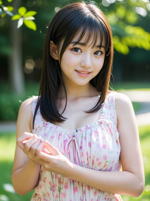 (Best-quality, Masterpiece, Ultra-High-Resolution, (Photorealistic:1.4), Raw Photo, depth of field, professional lighting, perfect ???????, extremely details, perfect body, perfect face), 1girl, 15-years-old, the most famous Japanese idol, at amazingly beautiful park, ((wearing casual dress with cute-design)), (extremely cute face like the most popular Japanese idol, ((extremely cute and extremely big eyes)), extremely cute hair, extremely beautiful skins), extremely cute cheeks, extremely cute long-eyelashes, extremely cute lips, extremely beautiful thighs, looking at viewer, innocent smile, detailed amazingly-beautiful-park