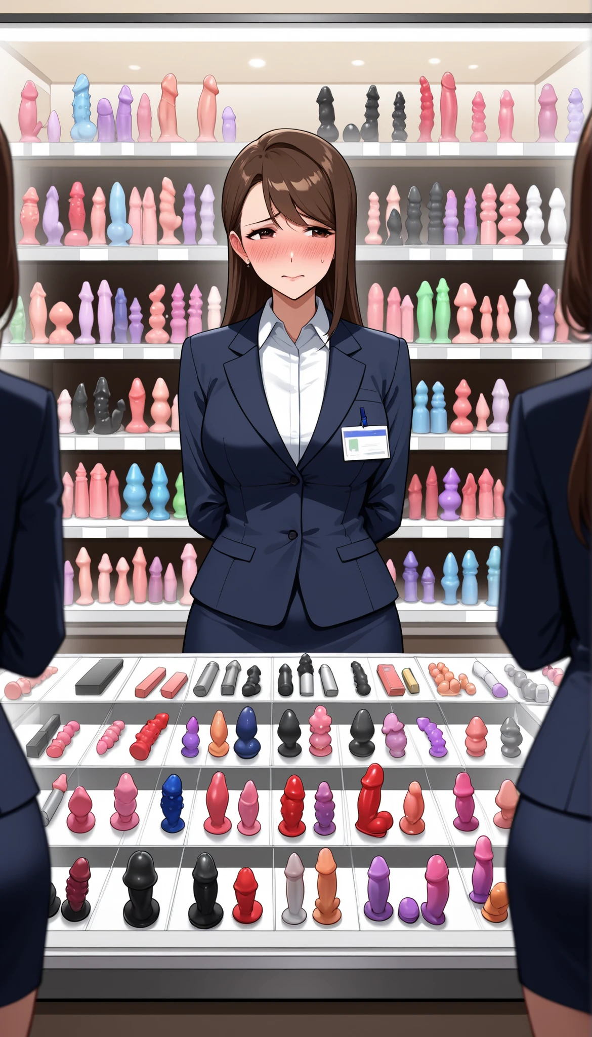 Many Mini dildos in showcase, in shop, business suits 3lady, shy