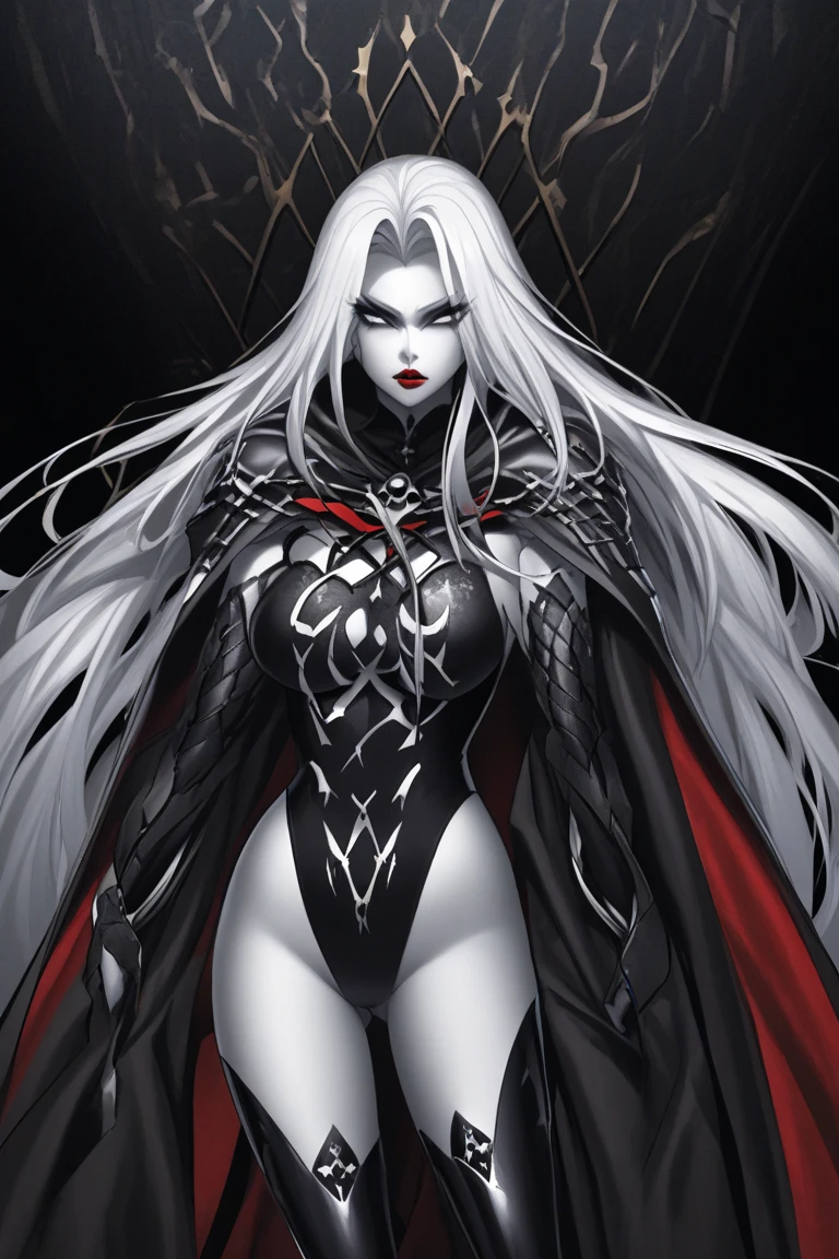 In the depths of a black and white comic book, emerges the presence of the best quality artwork. It showcases a putrefying cadaveric queen, known as the queen of the night. With a haunting and scary character, she wears a black crown adorned with rubies, reflecting a sinister elegance. Her clothes are silver like moonlight, cascading around her like a spectral shroud. Her long black hair flows like a river of darkness, contrasting against her deadly gaze that pierces through souls. Standing in a mountainous landscape, surrounded by rivers of blood, she possesses a perfect silhouette that embodies both beauty and terror.