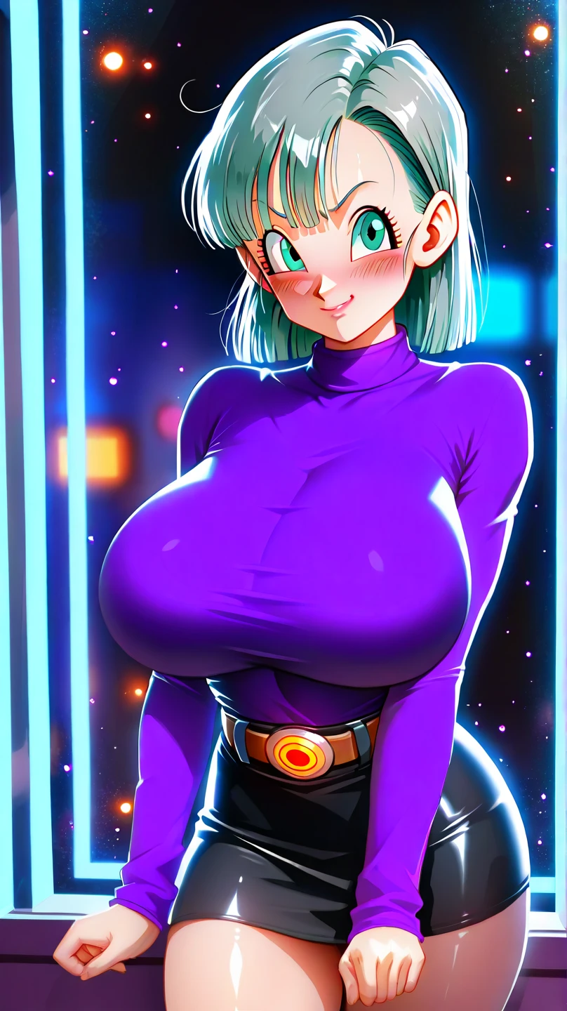 (8K, Ultra-High Definition, Masterpiece: 1.2)
High-Resolution RAW Color Photo, Professional Photo Shoot, Dramatic Lighting, Close-up Focus, ((Sexy, High-Tech Outfit)), (Defined Features), (Compact Body), Distinct Muscles, ((Short Hair, Reddish-Orange Color)), Bulma's Clear, Detailed Facial Features, Innocently Smiling: 1.2, ((Open Mouth, Tongue Slightly Showing)), (Imaginative Science Fiction Setting), ((Leaning Back, Relaxed posture)), ((Hands on Hips, Showing