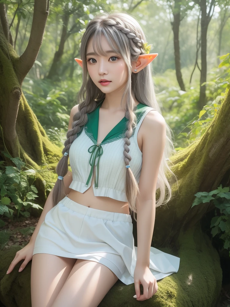 (SFW), (masterpiece), (best quality), (Digital art, small details, dramatic lighting, realism, real photo), Better body anatomy, cosplay, Fantasy, magic, nice, cute, (adult elf women :1.6), small pointed ears, golden hair, European face, ( large hanging breasts), (busty), half-naked, in slim panties - strings, large hanging breasts under ( wet white short cropped T-shirt :1.8), (nobra), (thick thighs), slim waist, round buttocks BREAK, in a forest lake on background of the waterfall, smiles seductively, Upper body photo, portrait, detailed pupils, Detailed long eyelashes, Sharp Photo, leaning forward, Embarrassed look, plump lips, open mouth, BREAK, best combination of fingers, colors of turquoise water and green vegetation, giant green stone,