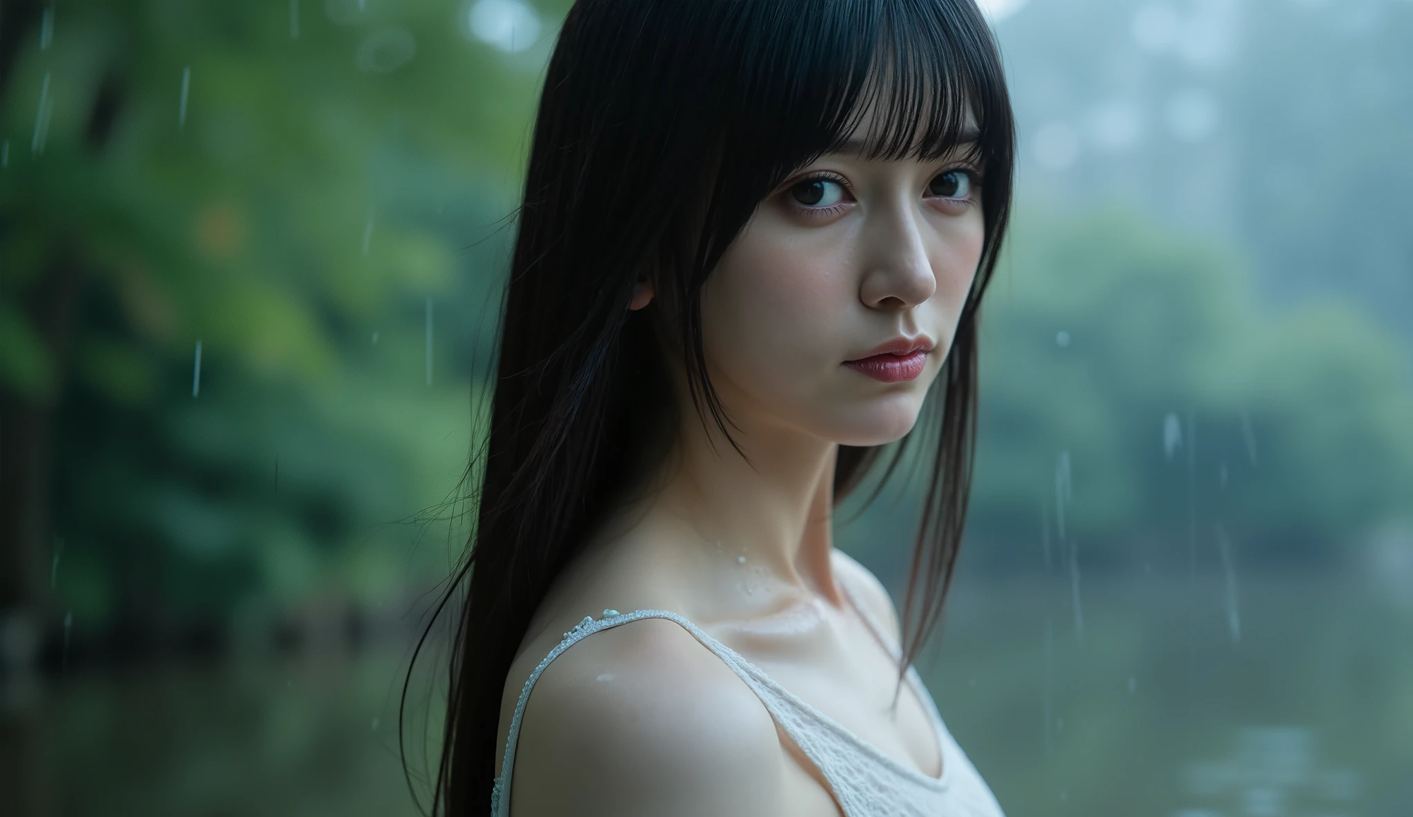   1 girl  ,  Alone ,  high resolution ,  masterpiece,  correct ,  つま先から頭まで解剖学的にcorrect,  number々It has won an award for,  top quality,  details , High details ,  とてもdetailsです  ,  Big smile of a beautiful mature woman with super high heels  ,  は非常にdetailsで,  は非常にdetailsでな,   soft light  ,  Test model for shooting, Outdoor shooting、 rain 、chest,  dark haired,  Long Hair,  very beautiful Japanese woman 、rain-soaked hair、 Tubuh yang basah oleh rain 、 thin wet cloth clings to her body、The body line looks so beautiful、 beautiful collarbone passenger 、 body with a thin wet cloth、 、 kesadan 、悲しみのEmoji、   Slender body  、 Hide the body, white wet cloth 、she covers her body with a thin wet cloth 、泣き顔のEmoji, sad, anxiety ,  Emoji, Wajah sad, keanxietyan , wet woman, is staring at viewers, 大きなchest.