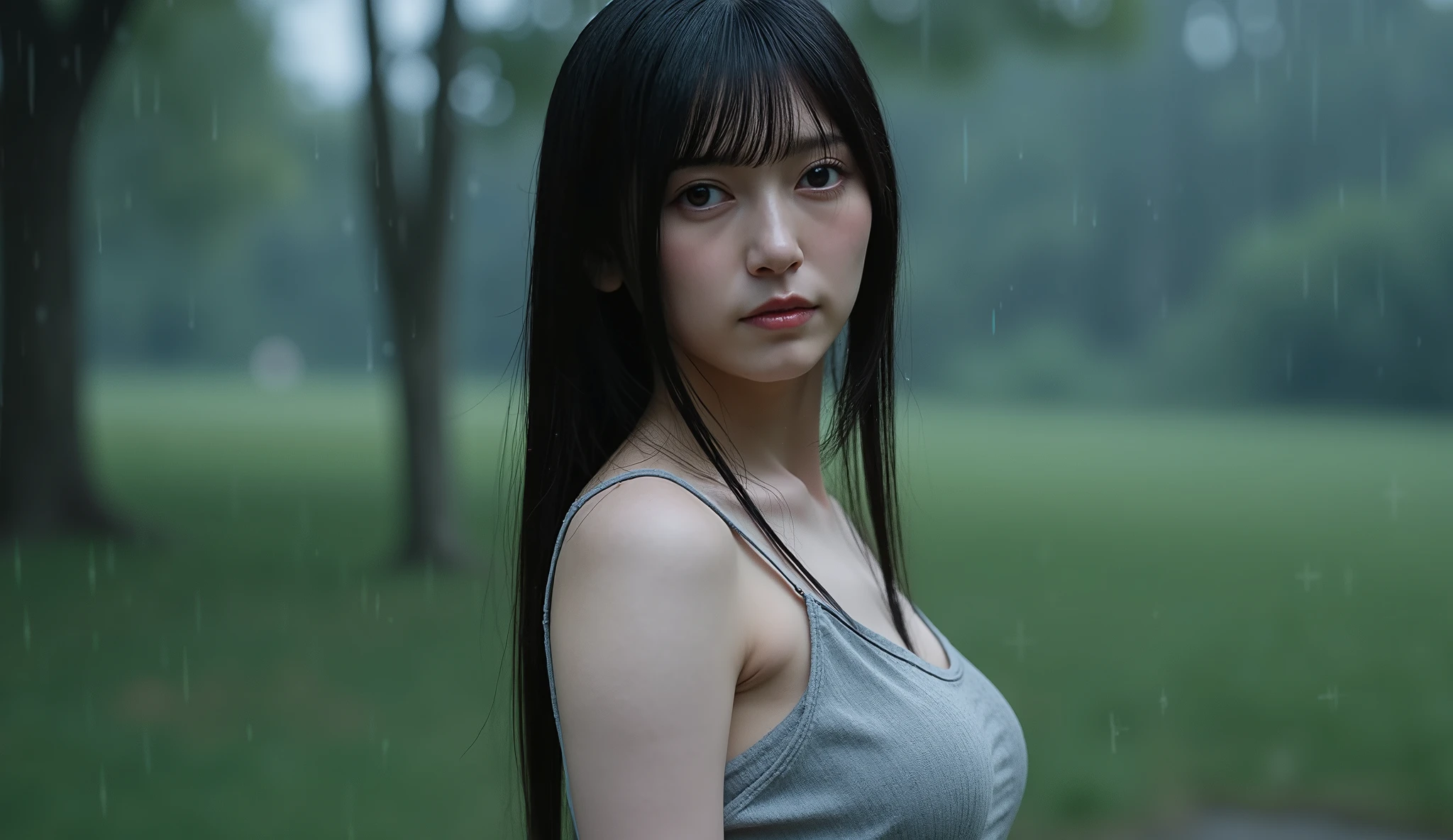 1 girl , Alone , high resolution , masterpiece, correct , つま先から頭まで解剖学的にcorrect, number々It has won an award for, top quality, details , High details , とてもdetailsです , Big smile of a beautiful mature woman with super high heels , は非常にdetailsで, は非常にdetailsでな, soft light , Test model for shooting, Outdoor shooting、 rain 、chest, dark haired, Long Hair, very beautiful Japanese woman 、rain-soaked hair、 Tubuh yang basah oleh rain 、 thin wet cloth clings to her body、The body line looks so beautiful、 beautiful collarbone passenger 、 body with a thin wet cloth、 、 kesadan 、悲しみのEmoji、 Slender body 、 Hide the body, white wet cloth 、she covers her body with a thin wet cloth 、泣き顔のEmoji, sad, anxiety , Emoji, Wajah sad, keanxietyan , wet woman, is staring at viewers, 大きなchest.