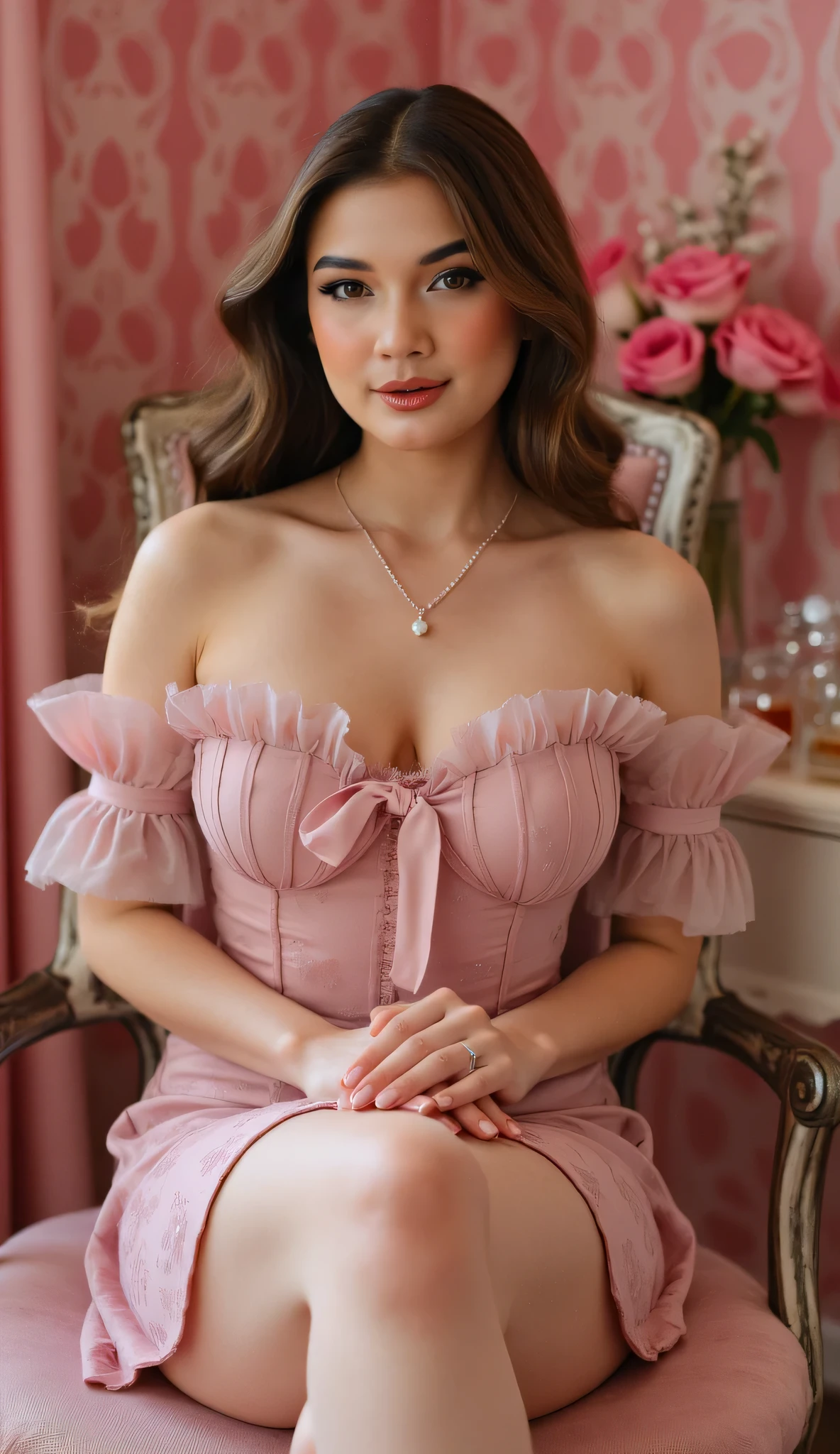 a woman standing by a window, looking over her shoulder towards the camera. She has wavy, light brown hair and is wearing makeup, including red lipstick. Her outfit is a lacy, pink and black lingerie set with ruffled edges and off-the-shoulder sleeves. The window has sheer pink curtains, and there is a green plant visible on a table near the window. The overall atmosphere is elegant and sensual, with soft natural light illuminating the scene. Full body view