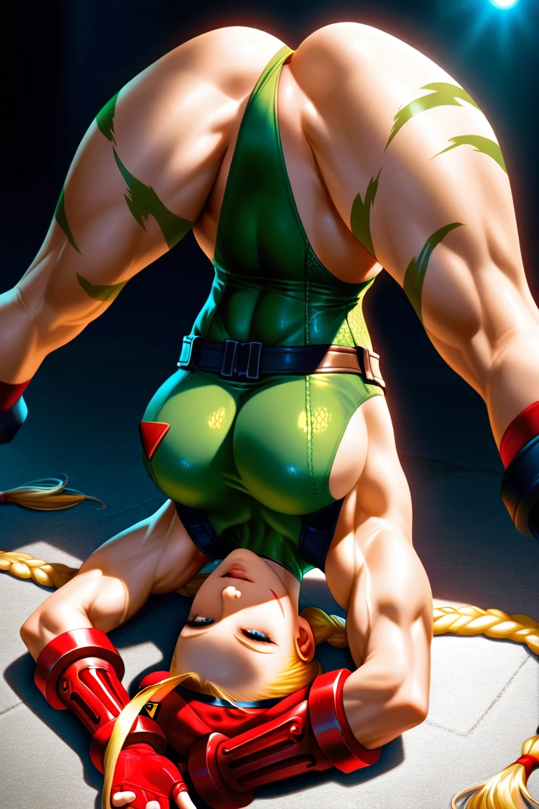 Masterpiece, best quality, highres, 1girl, Cammy white, twin braids, long hair, blonde hair, antenna hair, beret, (red headwear:1.3), blue eyes, scar on cheek, green tight leotard, large breasts, sleeveless, red gloves, fingerless gloves, camouflage, hard nipples, (((showing armpits and pussy half naked))) 