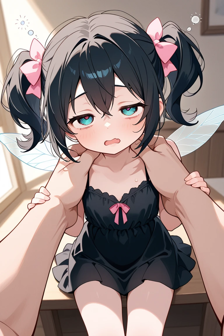 Hands behind back,Bind both hands,lick,open mouth,tongue out, on tongue,1girl,(((((12-)),(((((Short,))))),slender,small breasts ,front faceront,front view,looking at viewer, looking ahead,from above,cowboy shot,Black Hair,Twin tails,Gray Eyes,Drooping eyes,slit pupils,narrow eyes.Mischievous smile,A transparent black and green negligee,Sexy Lingerie,Kneeling,Strht Stand,Collar with leash,Dimly lit room,On the bed,Simple Background,Gray background,Dim lighting,Beautiful and detailed anime art