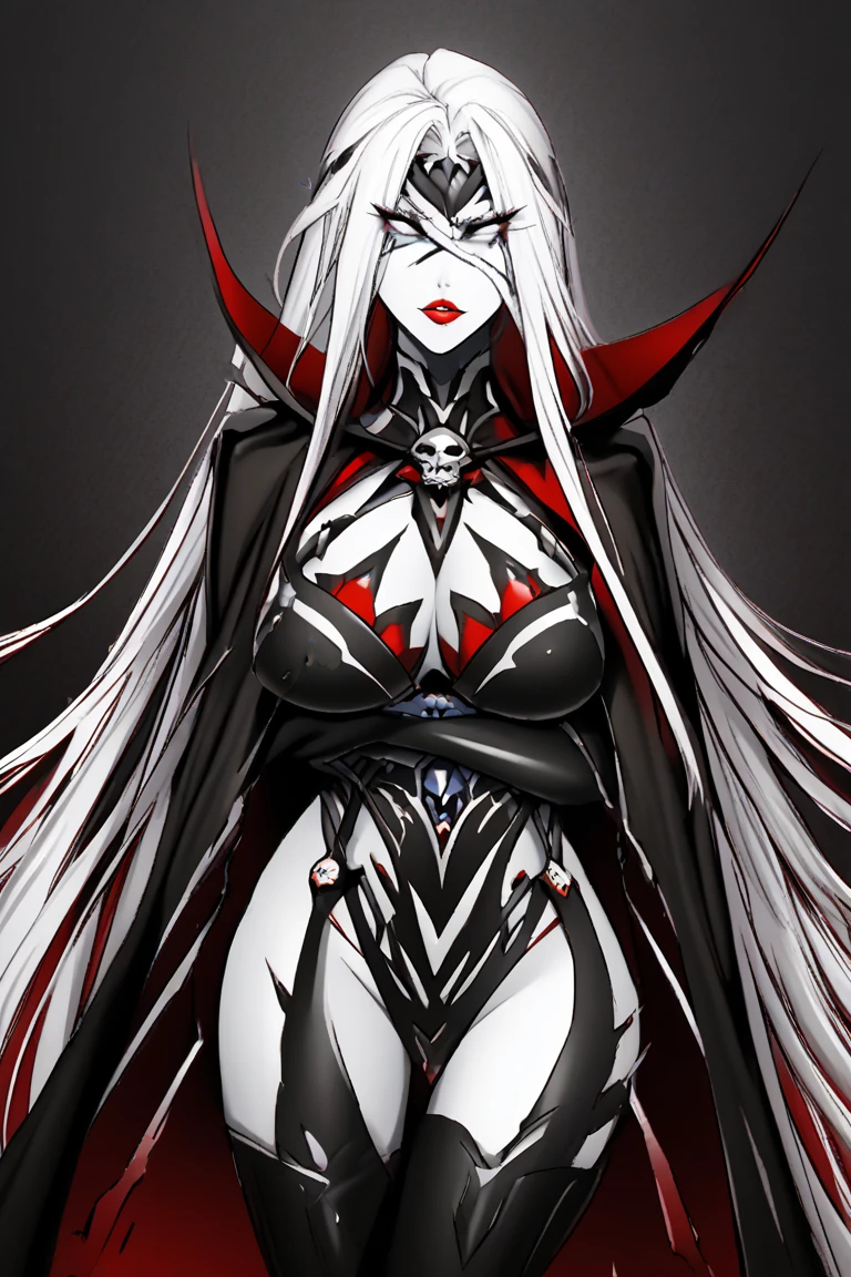 full body standing symmetrical barefeet ((black skin elf girl))), (((red ruby eyes))), (((long white hair))), (((breasts:1.2))), (((solo))), shackles on legs and arms together