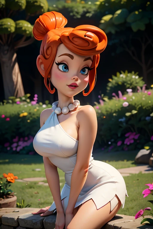 score_9, score_8_up, score_7_up, (Masterpiece),(8K work), perfecteyes,1 girl,(sexy pose), Open eyes at viewer, pink eyes,
1 beautiful woman, ((wilma flintstone)), (hair up with a big bun at the back), ((best quality)), ((black eyes:1.5)), ginger red hair, short hair, ((wilma flintstone look hair:1.2)), (white pearl necklace on her neck:1.2), (white pearl earrings:1.2),
big breasts, wide hips, smile, sensual, seductive, Masterpiece, best quality, 1girl, , ((white dress)), , extremely detailed, volumetric lighting, colorful, ((big_breasts)), nipples covered, (tanned body, with clear bikini marks on her body, one leg up,
prehistoric flintstone background, blue sky, stones , stone an marble houses