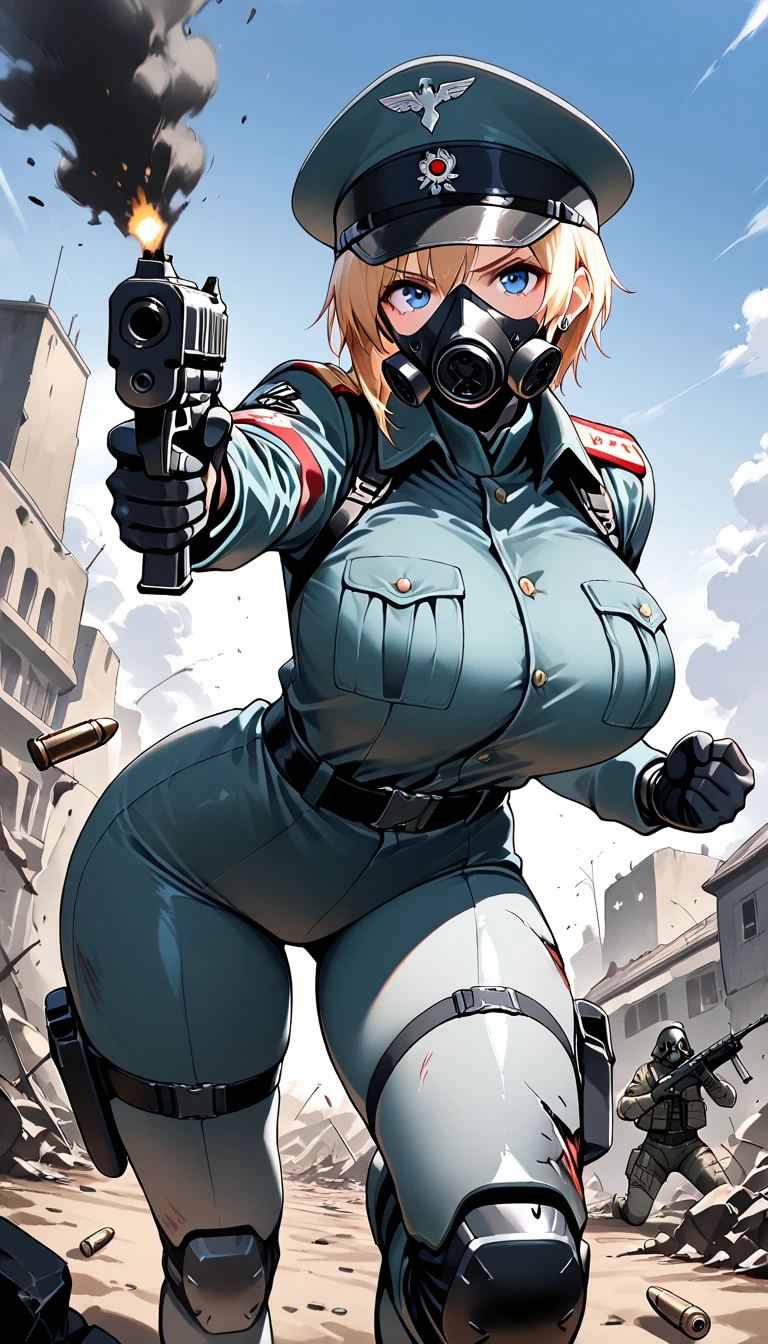 brown and gray sniper girl wearing brown militray suit,Huge Breasts,ruins,red glasses,Thick smoke