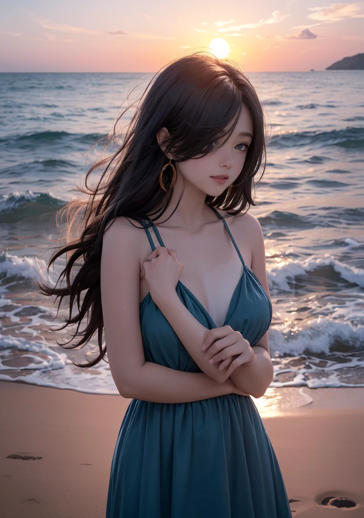A stunning, cinematic photo of a young, free-spirited woman standing on a secluded beach, with her arms spread wide, embracing the wind and the vast ocean. Her hair dances playfully in the breeze as the waves crash against the rocks behind her. The sky is a breathtaking blend of warm oranges and pinks, with a distant sun casting a golden glow over the scene. The woman's facial expression exudes sheer joy and liberation, symbolizing her unwavering determination to live life on her own terms., photo, cinematic