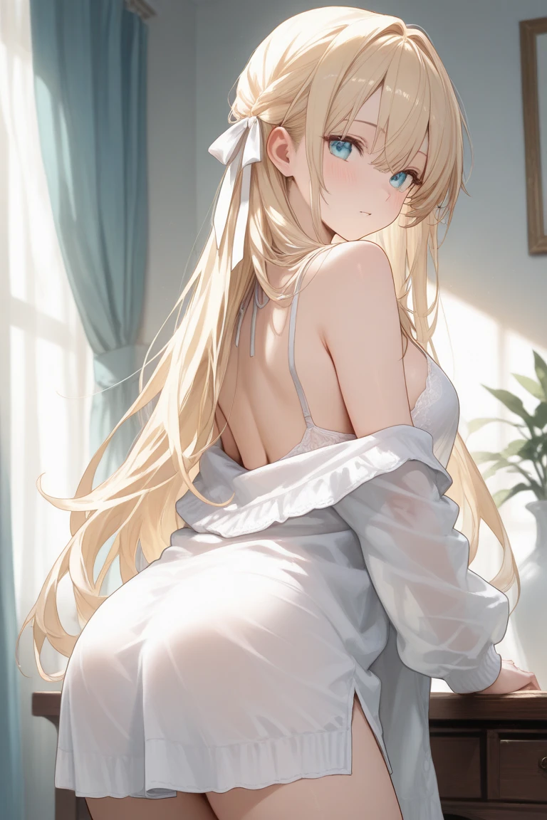 1girl, centaur, blonde hair, medium hair, blue eyes, white wedding dress, happy face, blush, looking at viewer, bedroom, bed,