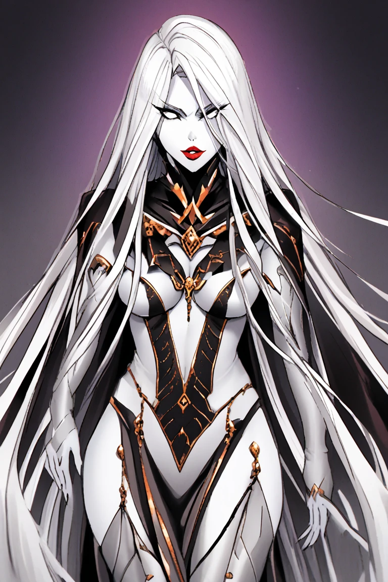 Create an image of a figure with an impressive presence, whose majesty and severity emanate from every detail of her appearance. Her skin is pale and flawless, highlighting a striking contrast with the intricate red markings that adorn her body. These deep scarlet marks form intricate patterns that seem to pulse with mystical energy, symbolizing her connection to truth and justice. Her eyes are a glacial gray, capable of penetrating the depths of anyone's soul, reflecting infinite wisdom and unwavering determination. Elaria's hair is a snow-white mane, cascading down to her waist, dramatically contrasting with the red tattoos on her skin. She is tall and slender, with well-defined musculature that conveys both grace and strength. Her shoulders are broad and her arms powerful, suggesting she is both a warrior and a judge. In one hand, she holds a long sword with a blood-red blade radiating an aura of power and justice. The sword's guard is adorned with golden symbols that shine with their own light, representing her divine authority. Around her neck, Elaria wears a golden medallion with a scale symbol, reinforcing her connection to justice. On her forehead, a crown of golden rays emanates like a halo, symbolizing her elevated status among the deities and her purity of purpose. Her attire is minimalist, made of black fabric that strategically covers her body, accentuating her athletic form and leaving the red marks visible. This practical yet symbolic outfit allows freedom of movement while demonstrating her commitment to the naked truth.