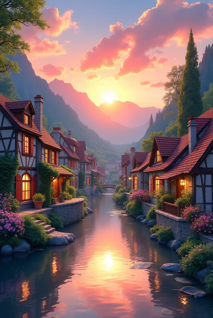 , a small riverside village,The background is mountains,Flowers bloom,vibrant with colors,Detailed scenery,Beautiful natural landscape,Ambiance Lighting,Scorching sunset,a warm color palette,utility,utility摄影,Delicate leaves,Complex architecture , cobblestone streets , charming country cottages , swirling bright colors, dense vegetation ,Still water reflections,picturesque,Leisure and tranquility,artwork of a,Best quality,8k,Extremely detailed,anime style