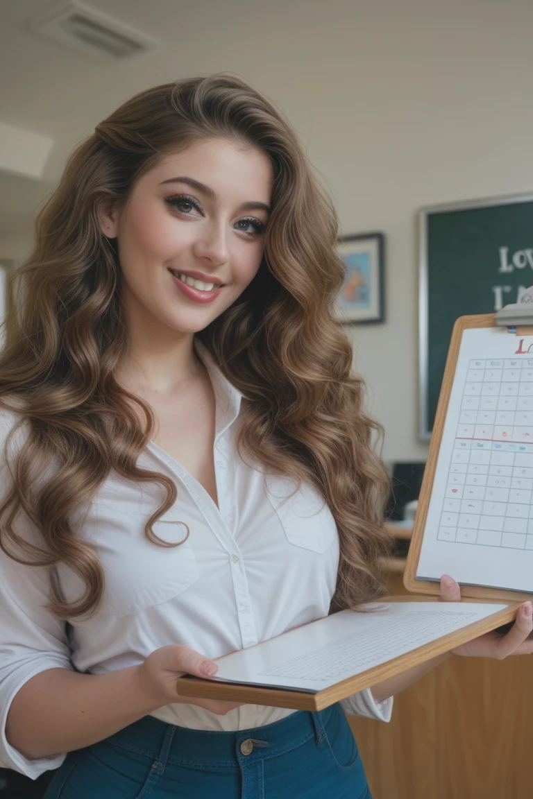 Beautiful girl with wavy long hair,Dressed in a bohemian style,Holding a whiteboard with the words "I Love SeaArt Infinity",and show the audience