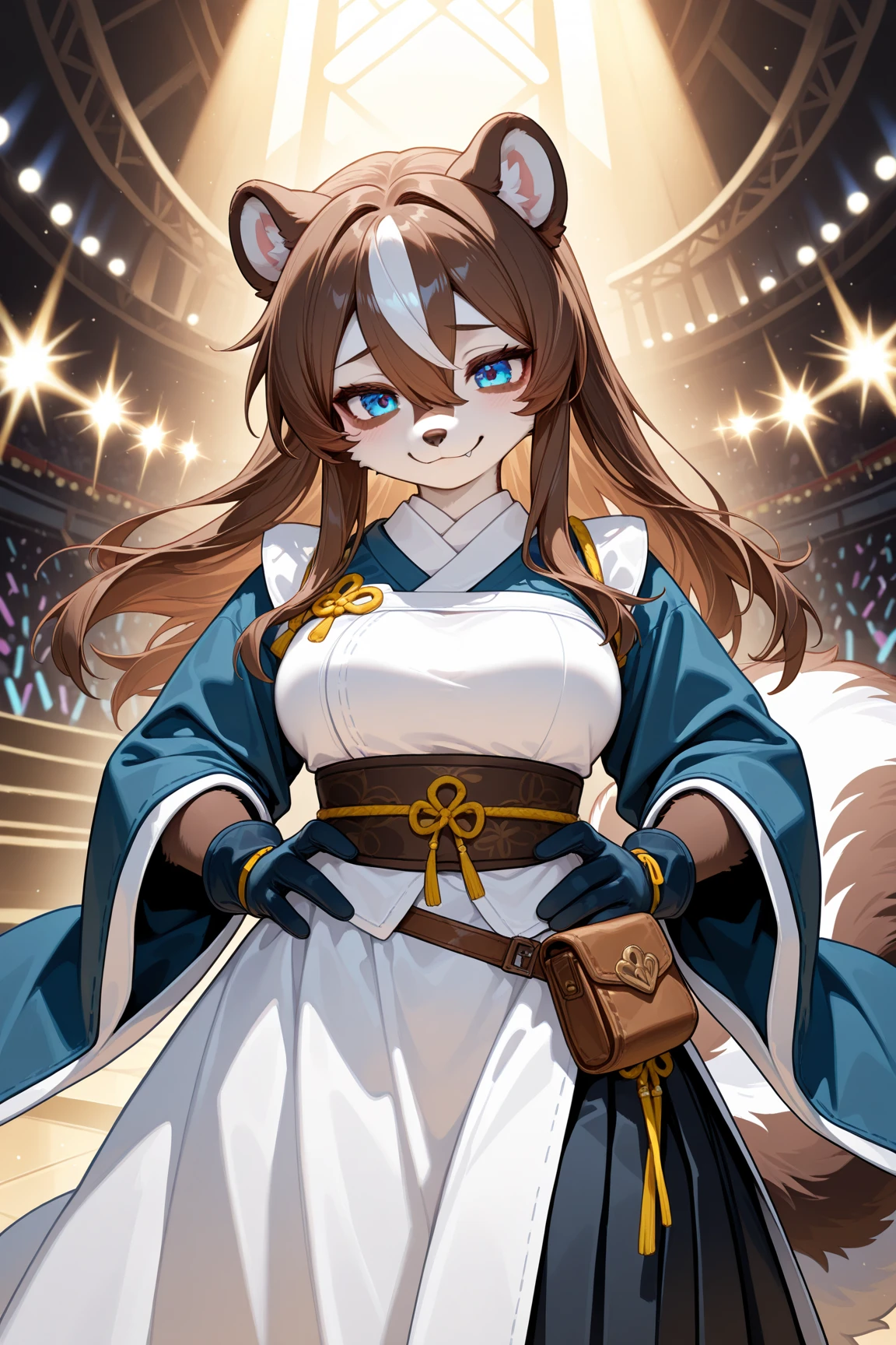 masterpiece,Best quality,newest,超high resolution,high resolution,furry,solo person,1 girl ,coda,furry,animal ears,Glowing blue eyes,A brown-haired,obi strip,looking at the audience,furry,gloves,臭鼬coda,Sad Smile,Skunk Ears,无指gloves,Hair Droopy Between Eyes,long skirt,Put your hands on your waist,animal nose,pouch,棕色gloves,Cream White Corset,Skunk Girl,fang,Medium-length hair,longer sleeves,棕色obi strip,Artist Name