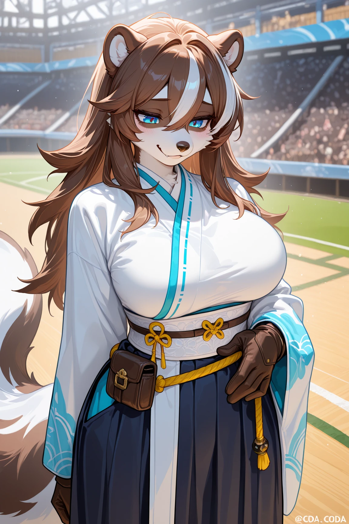 masterpiece,Best quality,newest,超high resolution,high resolution,furry,solo person,1 girl ,coda,furry,animal ears,Glowing blue eyes,A brown-haired,obi strip,looking at the audience,furry,gloves,臭鼬coda,Sad Smile,Skunk Ears,无指gloves,Hair Droopy Between Eyes,long skirt,Put your hands on your waist,animal nose,pouch,棕色gloves,Cream White Corset,Skunk Girl,fang,Medium-length hair,longer sleeves,棕色obi strip,Artist Name