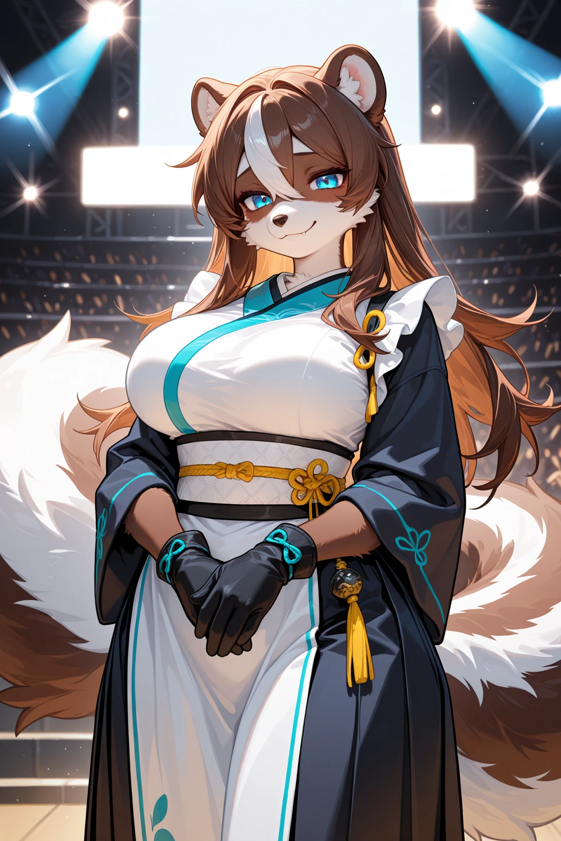 masterpiece,Best quality,newest,超high resolution,high resolution,furry,solo person,1 girl ,coda,furry,animal ears,Glowing blue eyes,A brown-haired,obi strip,looking at the audience,furry,gloves,臭鼬coda,Sad Smile,Skunk Ears,无指gloves,Hair Droopy Between Eyes,long skirt,Put your hands on your waist,animal nose,pouch,棕色gloves,Cream White Corset,Skunk Girl,fang,Medium-length hair,longer sleeves,棕色obi strip,Artist Name