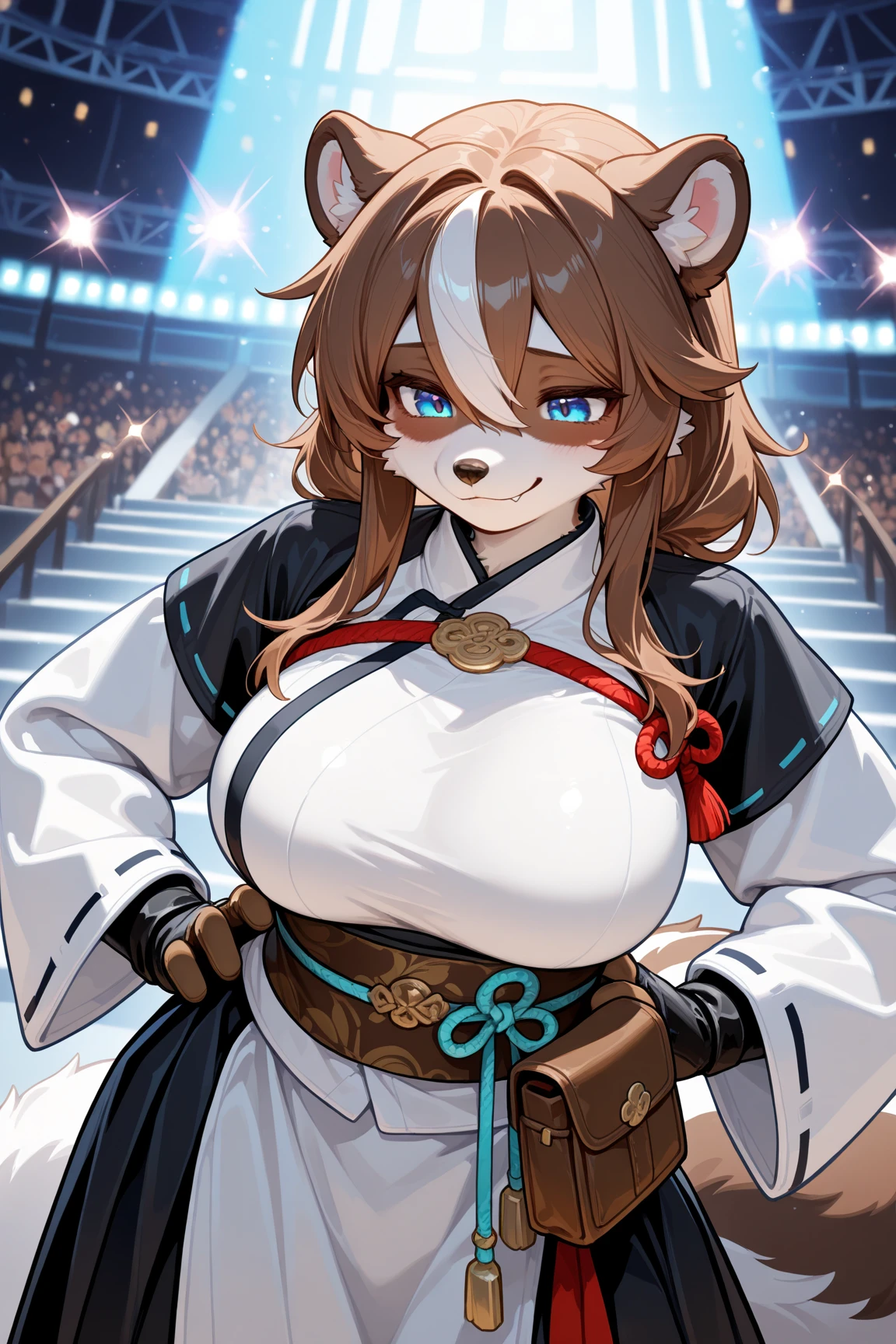 masterpiece,Best quality,newest,超high resolution,high resolution,furry,solo person,1 girl ,coda,furry,animal ears,Glowing blue eyes,A brown-haired,obi strip,looking at the audience,furry,gloves,臭鼬coda,Sad Smile,Skunk Ears,无指gloves,Hair Droopy Between Eyes,long skirt,Put your hands on your waist,animal nose,pouch,棕色gloves,Cream White Corset,Skunk Girl,fang,Medium-length hair,longer sleeves,棕色obi strip,Artist Name