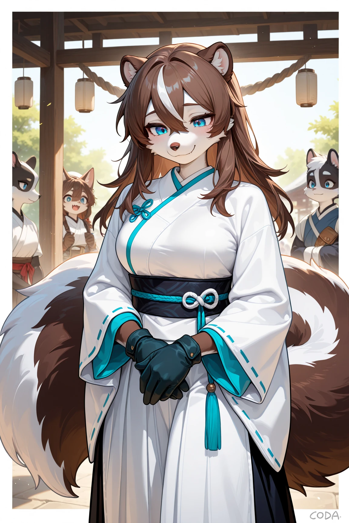 masterpiece,Best quality,newest,超high resolution,high resolution,furry,solo person,1 girl ,coda,furry,animal ears,Glowing blue eyes,A brown-haired,obi strip,looking at the audience,furry,gloves,臭鼬coda,Sad Smile,Skunk Ears,无指gloves,Hair Droopy Between Eyes,long skirt,Put your hands on your waist,animal nose,pouch,棕色gloves,Cream White Corset,Skunk Girl,fang,Medium-length hair,longer sleeves,棕色obi strip,Artist Name