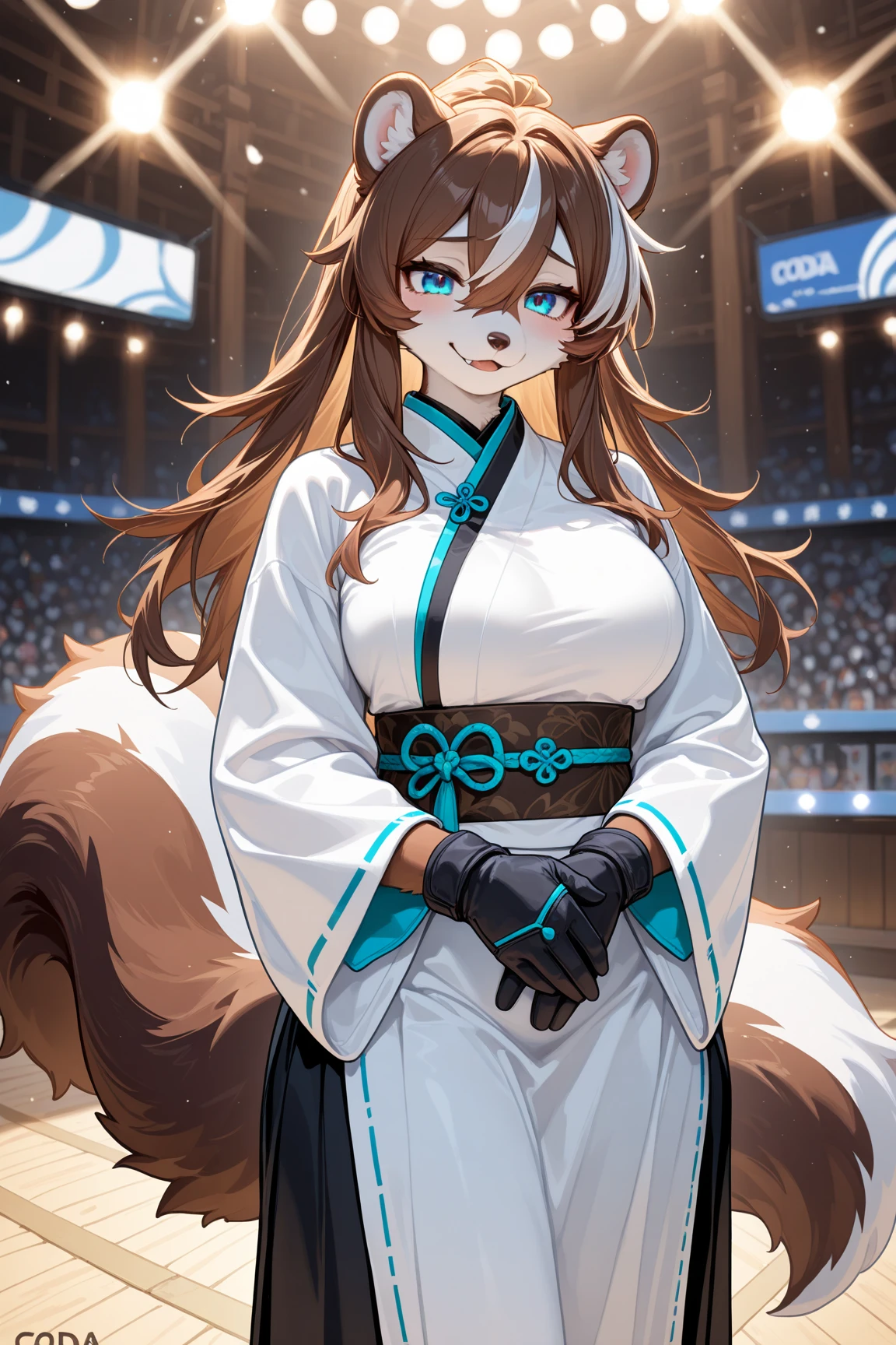 masterpiece,Best quality,newest,超high resolution,high resolution,furry,solo person,1 girl ,coda,furry,animal ears,Glowing blue eyes,A brown-haired,obi strip,looking at the audience,furry,gloves,臭鼬coda,Sad Smile,Skunk Ears,无指gloves,Hair Droopy Between Eyes,long skirt,Put your hands on your waist,animal nose,pouch,棕色gloves,Cream White Corset,Skunk Girl,fang,Medium-length hair,longer sleeves,棕色obi strip,Artist Name