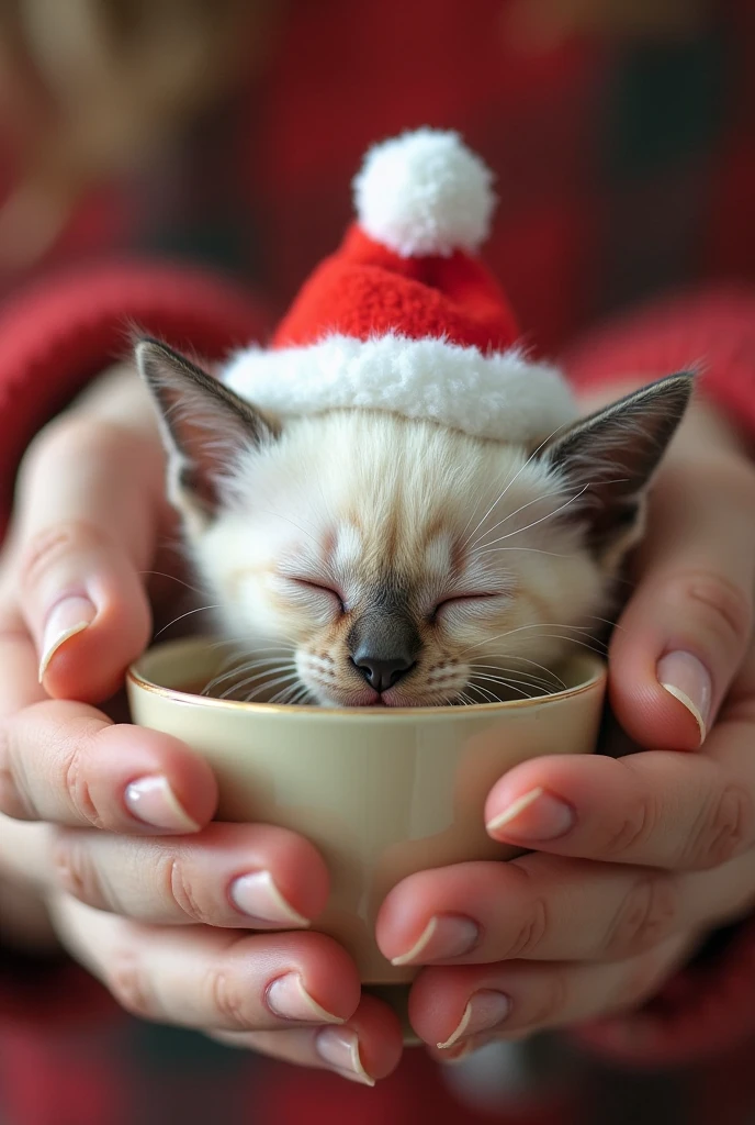 Gently drinking with both hands, A little Siamese kitten,The fur is milky white,with dark spots on the ears, the face, and the claws can sleep peacefully. The kitten's eyes are closed, ,Its small nose is hidden in the soft fur around the muzzle, exudes a sense of serene satisfaction. {x} The nose is hidden in the soft fur around the muzzle {x} to focus entirely on the adorable {x} perch that creates comfort On its head is a miniature red and white Santa hat, Adding a whimsical touch to the picture, Festive atmosphere. The soft, Warm lighting, also has an intimate vibe. background out of focus, It perfectly captures the essence of a peaceful vacation time, The feline with care. The overall mood is warm and happy, perfectly captures the essence of a peaceful vacation.