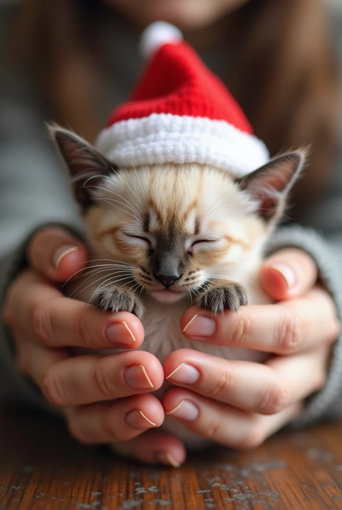 Gently drinking with both hands, A little Siamese kitten,The fur is milky white,with dark spots on the ears, the face, and the claws can sleep peacefully. The kitten's eyes are closed, ,Its small nose is hidden in the soft fur around the muzzle, exudes a sense of serene satisfaction. {x} The nose is hidden in the soft fur around the muzzle {x} to focus entirely on the adorable {x} perch that creates comfort On its head is a miniature red and white Santa hat, Adding a whimsical touch to the picture, Festive atmosphere. The soft, Warm lighting, also has an intimate vibe. background out of focus, It perfectly captures the essence of a peaceful vacation time, The feline with care. The overall mood is warm and happy, perfectly captures the essence of a peaceful vacation.
