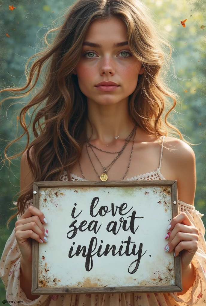 Beautiful girl with wavy long hair,Dressed in a bohemian style,Holding a whiteboard with the words "I Love SeaArt Infinity",and show the audience