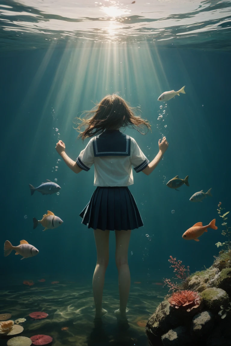 1girl, under the water, fluttering hair, school uniform, Fantastic atmosphere, fish swimming, Sunlight rays, Blue tones, anime style, digitial painting, Caustic dispersion of water, Transparent fabric, Soft gradients, Ultra fine, 8 thousand, fantasy under the water scene