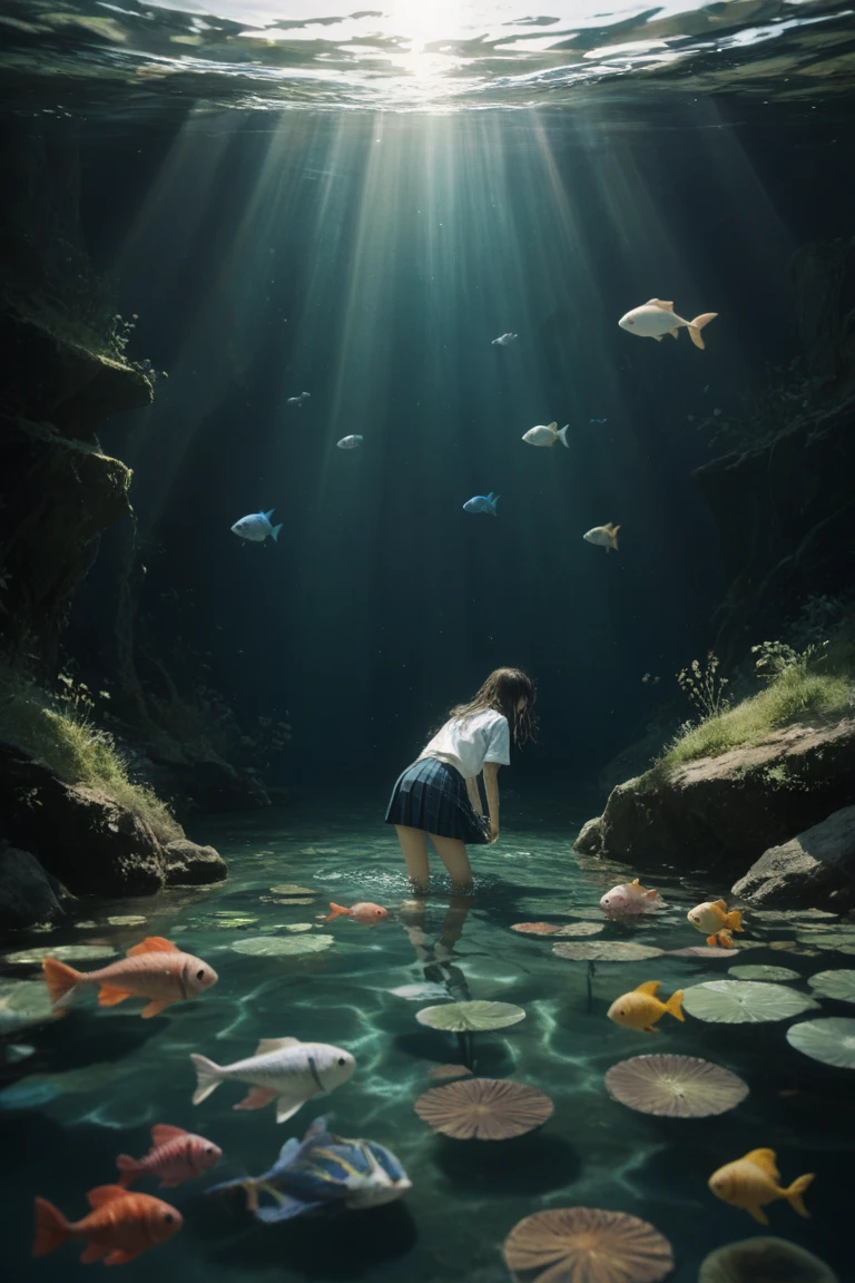 1girl, under the water, fluttering hair, school uniform, Fantastic atmosphere, fish swimming, Sunlight rays, Blue tones, anime style, digitial painting, Caustic dispersion of water, Transparent fabric, Soft gradients, Ultra fine, 8 thousand, fantasy under the water scene