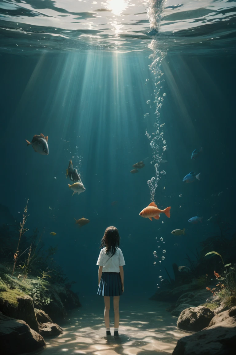 1girl, under the water, fluttering hair, school uniform, Fantastic atmosphere, fish swimming, Sunlight rays, Blue tones, anime style, digitial painting, Caustic dispersion of water, Transparent fabric, Soft gradients, Ultra fine, 8 thousand, fantasy under the water scene